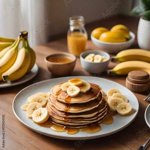 Fototapeta A plate of banana pancakes topped with slices of banana and honey, set on a cozy breakfast table.