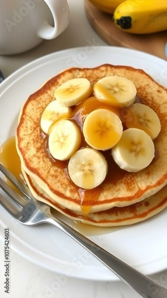 Fototapeta A plate of banana pancakes topped with slices of banana and honey, set on a cozy breakfast table.