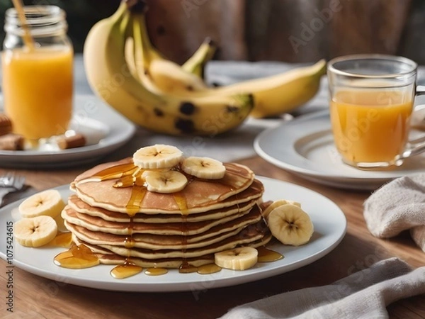 Fototapeta A plate of banana pancakes topped with slices of banana and honey, set on a cozy breakfast table.