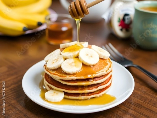 Fototapeta A plate of banana pancakes topped with slices of banana and honey, set on a cozy breakfast table.