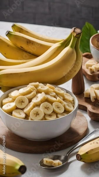 Fototapeta Sliced bananas arranged in a bowl, ready for breakfast or a healthy snack, with a spoon beside the bowl