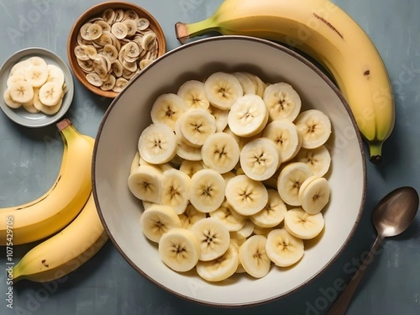 Fototapeta Sliced bananas arranged in a bowl, ready for breakfast or a healthy snack, with a spoon beside the bowl