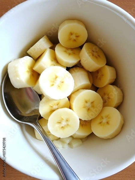 Fototapeta Sliced bananas arranged in a bowl, ready for breakfast or a healthy snack, with a spoon beside the bowl
