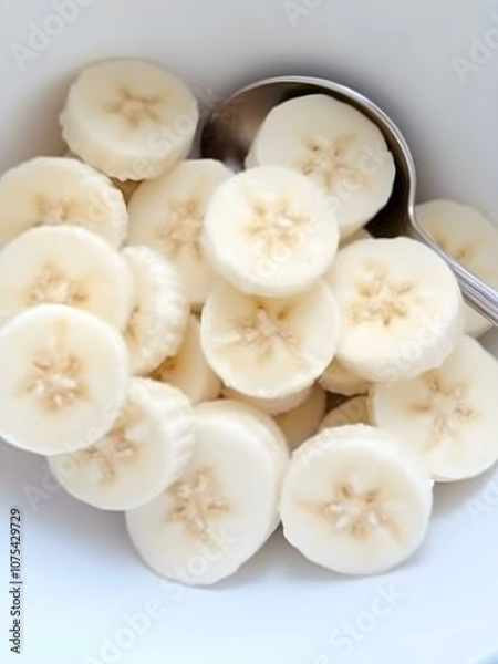 Fototapeta Sliced bananas arranged in a bowl, ready for breakfast or a healthy snack, with a spoon beside the bowl
