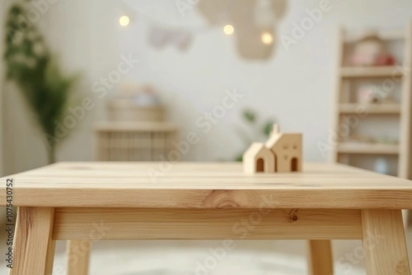 Fototapeta Wooden Table with Playful Toy-Laden Backdrop