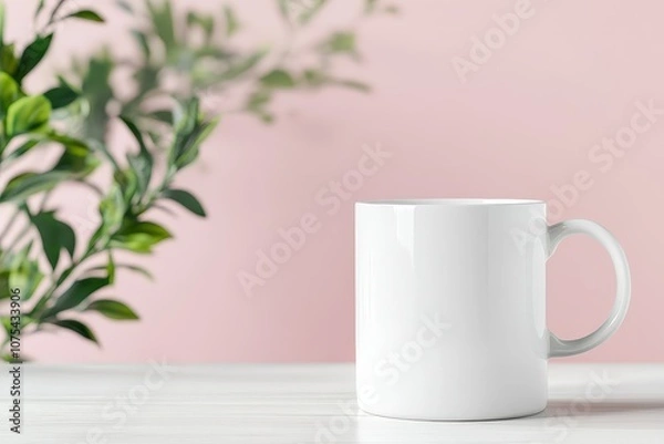 Fototapeta A simple blank white coffee mug placed on a wooden table against a soft pink background with a touch of greenery