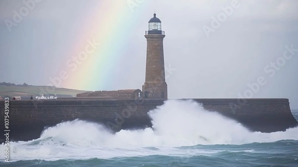Fototapeta A Stone Lighthouse with a Rainbow Behind it Stands on a Cliffside Against a Background of Powerful Waves