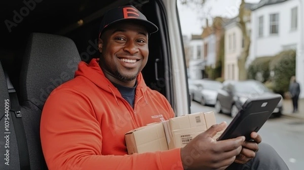 Obraz A happy delivery driver using a tablet while holding packages in a van.
