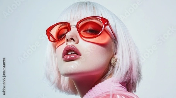 Fototapeta Model With Striking Red Sunglasses Showcases Stylish Look During a Contemporary Fashion Shoot in a Studio Environment Featuring Vibrant Lighting Effects