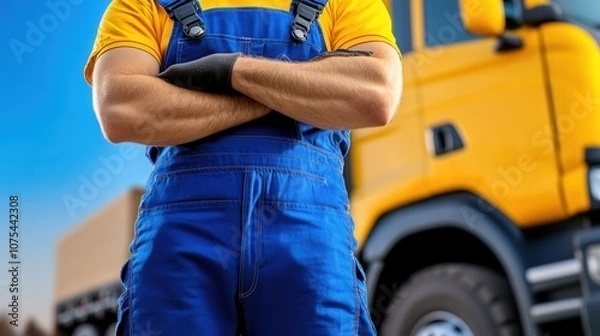 Fototapeta A Truck Driver in Blue Overalls Stands Confidently With Arms Crossed Near a Yellow Truck on a Sunny Day, Showcasing the Strength and Pride in the Transportation Industry