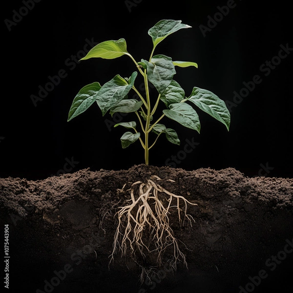 Fototapeta An image showing a plant both above and below the ground, with its green leaves and stem visible above and its roots extending into the soil below 