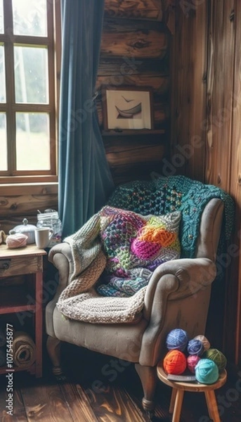 Fototapeta Cozy Knitting Nook with Comfortable Chair and Colorful Yarn Basket for Relaxation and Creativity