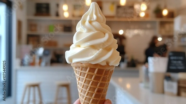 Fototapeta single ice cream cone with a swirl of softserve on top