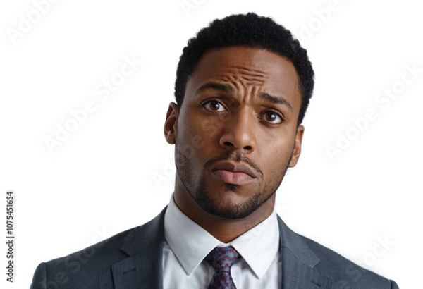 Obraz Black businessman with confused expression isolated on white background