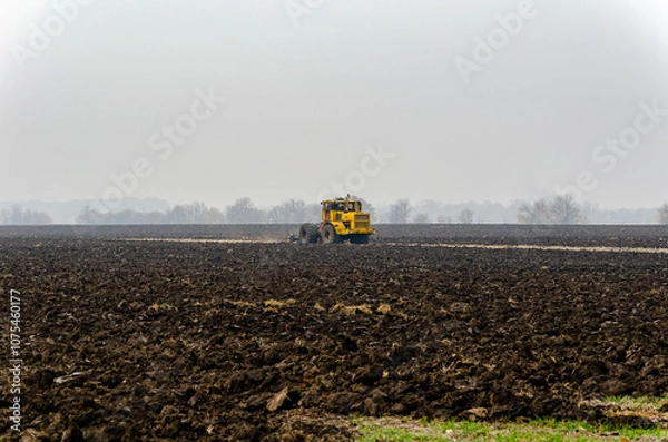 Fototapeta The tractor plows the land in autumn, for sowing. Image of agriculture