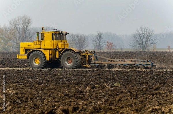 Fototapeta The tractor plows the land in autumn, for sowing. Image of agriculture