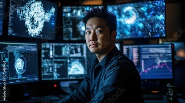 Obraz Asian cybersecurity expert focused on multiple screens, analyzing data and protecting systems, showcasing technology and dedication in a professional environment.