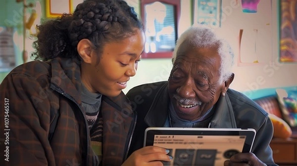 Fototapeta Friendly young woman in a community center helping an elderly man with technology, both smiling as they look at a tablet screen --ar 16:9 --v 6.0 - Image #4 @Gomez.comm