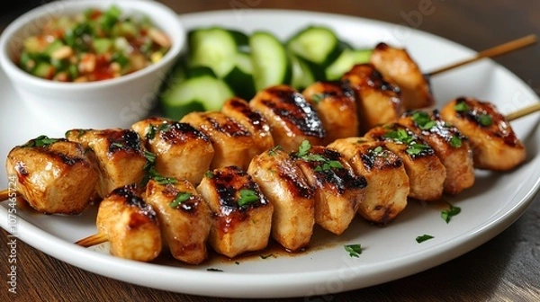 Fototapeta Grilled Chicken Skewers with Cucumber Slices and Parsley Garnish