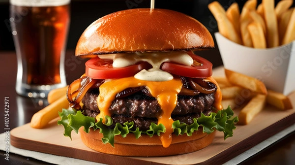 Obraz Beef burger with cheese, tomatoes, fries and cook on wooden