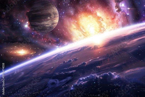 Fototapeta Breathtaking view of a distant planet and a magnificent nebula in deep space.