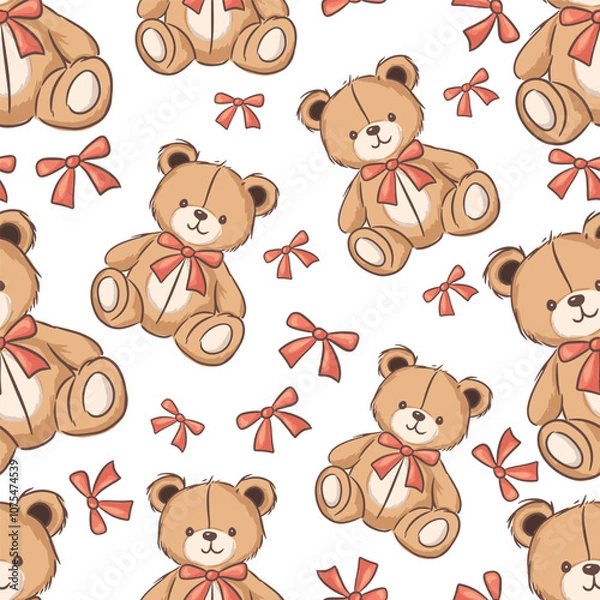 Fototapeta Seamless pattern cute teddy bears with bows on a white background, perfect for children's themes and nursery decoration