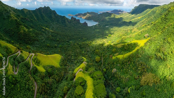 Obraz magnificent aerial view of the HATIHEU valley on the island of NUKU HIVA in the Marquesas archipelago in French Polynesia