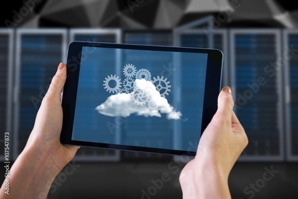 Fototapeta Composite image of finger pointing to tablet
