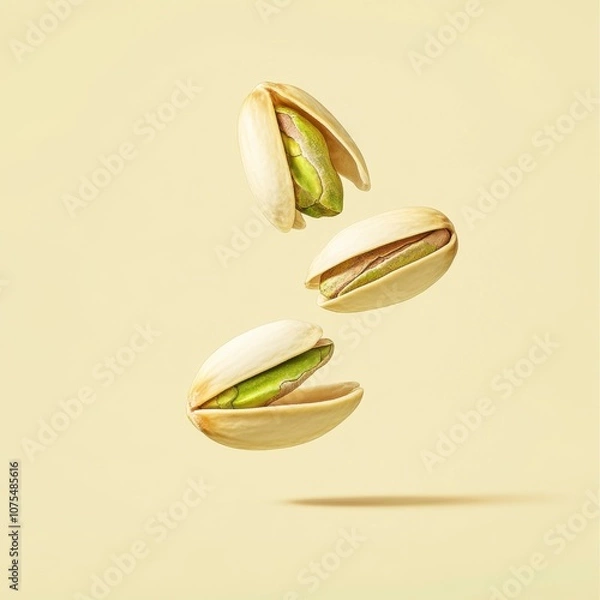 Fototapeta Pistachios levitating in mid-air, with sharp focus on the pistachio shells against a soft pastel background, in the style of product photography