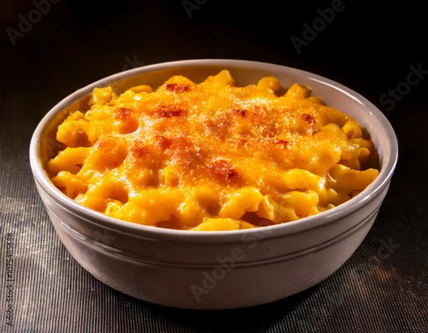 Obraz crust topped baked macaroni and cheese, white bowl with dark background