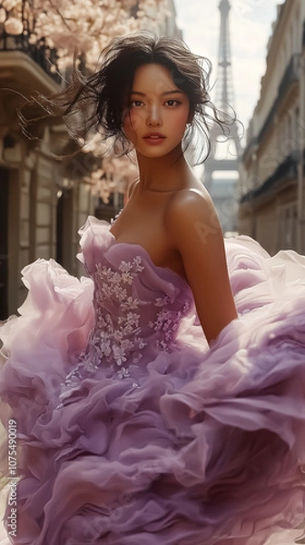 Fototapeta Elegant model in a lavender gown poses against the iconic Eiffel Tower, perfect for fashion advertising, wall art, or spring-themed designs.