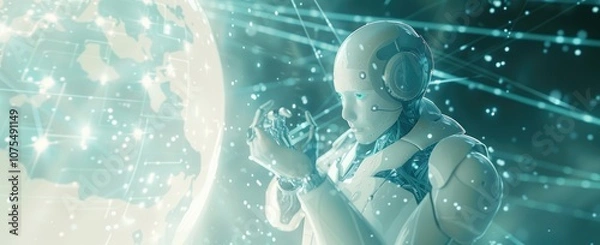 Fototapeta A robot vigilantly safeguarding a complex network sphere, illustrating the robust world of cyber security1