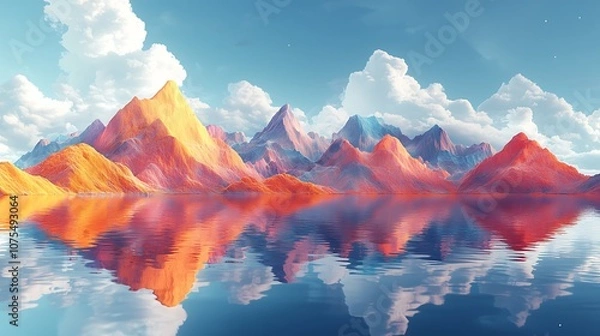 Fototapeta Vibrant, colorful mountains reflected in still water, with white clouds against a clear blue sky.
