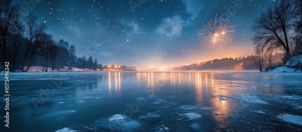 Fototapeta A frozen lake with snow covered shores reflects a starry night sky with fireworks and city lights.