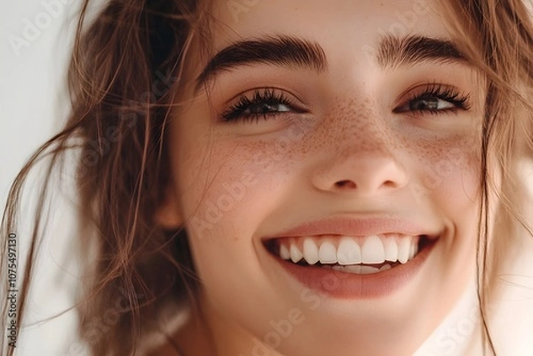 Fototapeta Close-up of a woman smiling with perfect teeth against a white background, studio shot, high-resolution photography, high detail