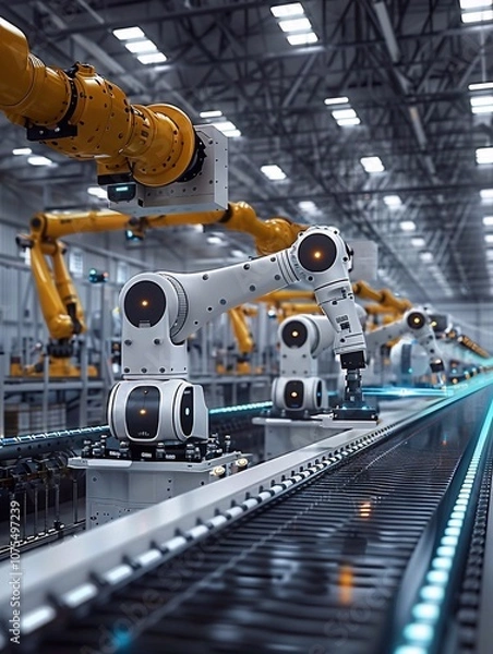 Obraz Robots create products from materials using industrial robot arms to complete product manufacturing process in style of machine