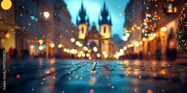 Fototapeta A stunning evening scene with soft bokeh lights. The blurred background features a beautiful landmark, creating a dreamy atmosphere. Ideal for travel or ambiance imagery. AI