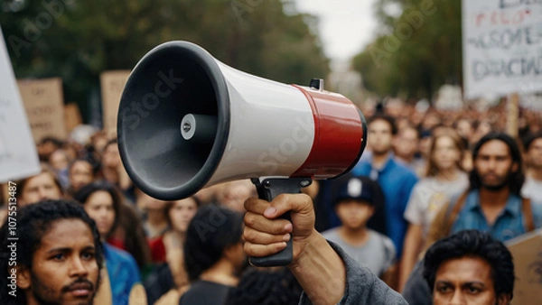 Fototapeta A hand holds a red and white megaphone in front of a blurred crowd of people, suggesting a protest or rally