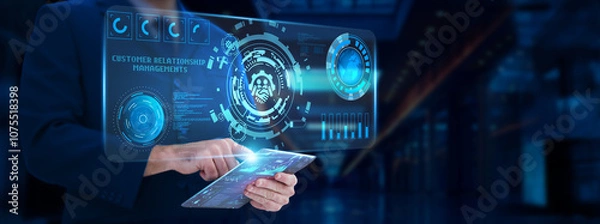 Fototapeta Customer Relationship Management (CRM): Businessman analyzing and monitoring technological CRM solutions, customer engagement, data analytics, sales automation, personalization.