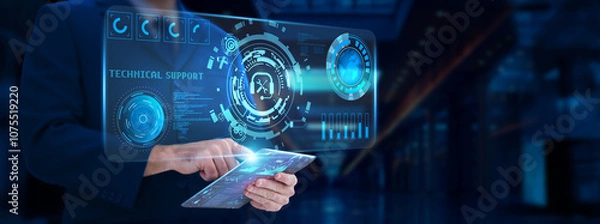 Fototapeta Technical Support: System performance, businessman analyzing and monitoring technological issues, troubleshooting, maintenance, solutions, updates.