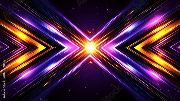 Fototapeta Vibrant Abstract Background with Intersecting Neon Light Trails Forming a Radiant Central Burst of Energy and Color in Purple, Pink, and Gold Hues