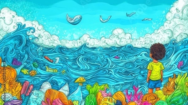Fototapeta Child observes polluted ocean amidst colorful waste and wildlife
