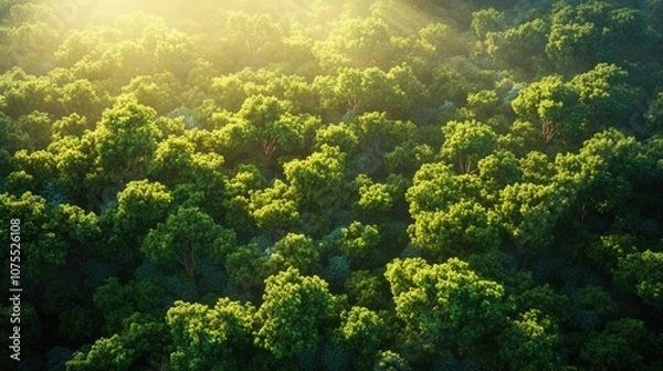 Fototapeta Aerial view of lush green trees in a mixed forest showcasing vibrant deciduous foliage Soft light filters through the woodland highlighting the beautiful natural texture