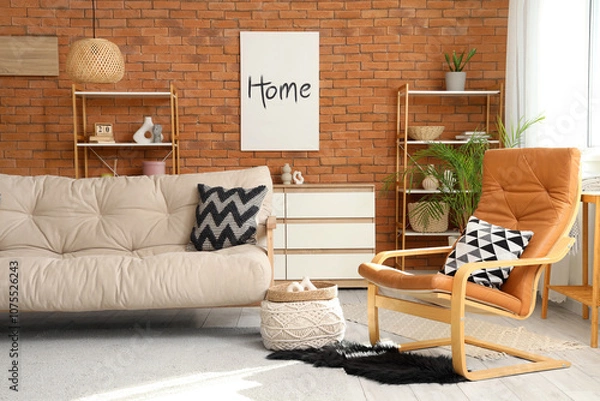 Fototapeta Interior of living room with couch, armchair and shelf units