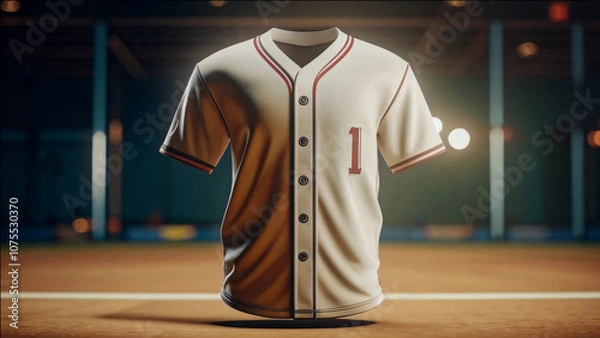 Fototapeta A cream-colored baseball jersey with red and blue trim is displayed from the front and back against a blurred background of a baseball stadium