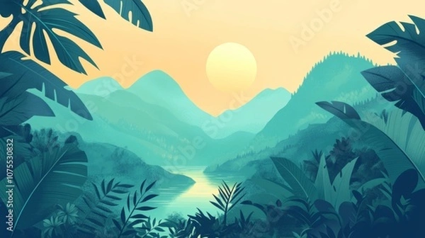 Fototapeta Serene Landscape with Mountain Range and Sun. Minimalist Flat Illustration.