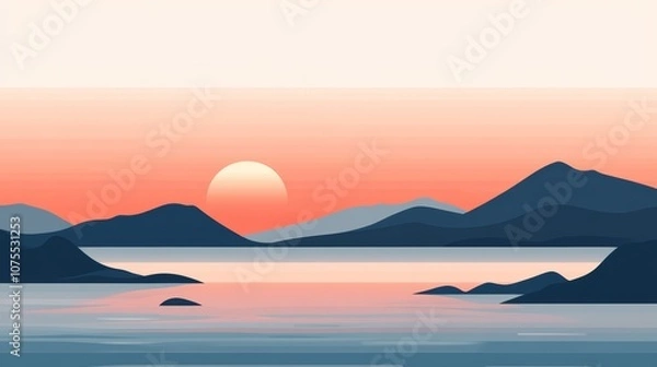 Fototapeta Sunset Landscape with Mountains and Calm Water. Minimalist Flat Illustration.