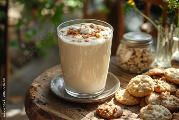 Obraz outdoor coffee gathering, enjoy a freshly prepared iced vanilla latte and an assortment of homemade cookies at a peaceful garden with birds singing