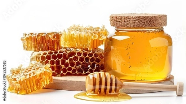 Obraz Fresh Honeycomb with Jar of Golden Honey and Wooden Honey Dipper on White Background