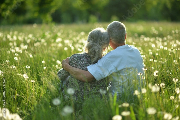 Fototapeta An elderly couple is sitting on the grass in a park rear view